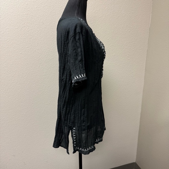 Cato Black White Embroidered Boho Peasant Top Pintuck Short Sleeve XL Tunic - Picture 8 of 13